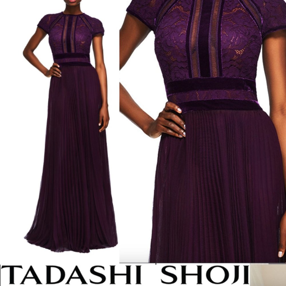 Tadashi Shoji AMANDA pleated chiffon GOWN Dress Autumn Purple Size 2